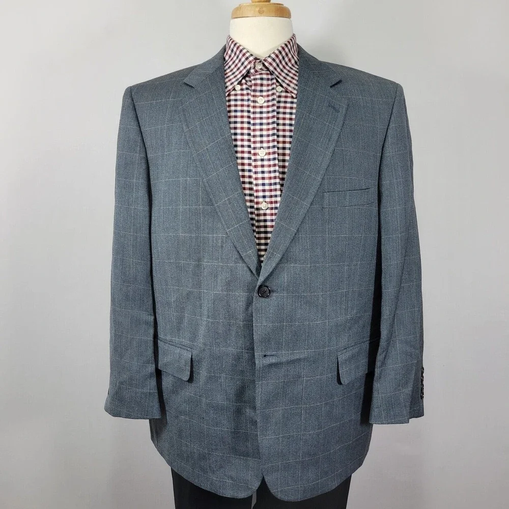 Bert Pulitzer Men's Sport Coat Blazer Blue Plaid‎ Herringbone Silk Wool Size 44S